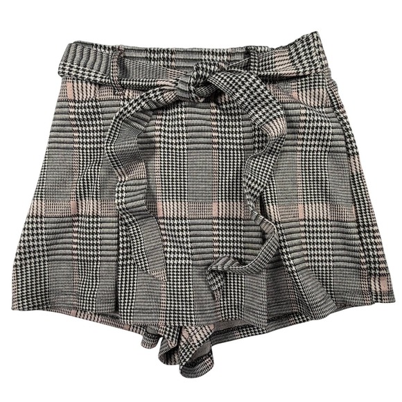 Haute Monde Pants - Haute Monde Shorts Women Medium Pink Black Glen Plaid Tie Waist High Rise